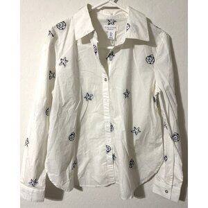 Calypso White with Blue Embroidered Seashells Button Down Blouse Size Small NWT